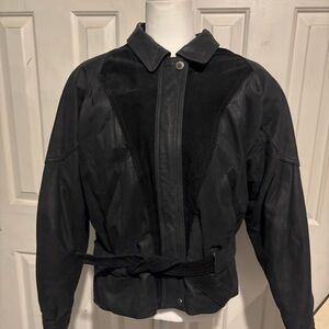 Winlit Vintage Leather Jacket Black Cropped 80s Style Genuine Size Large